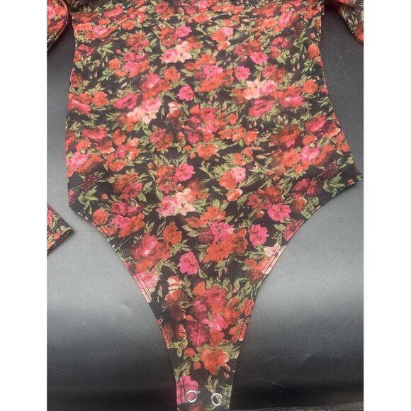 Good American BLACK W/ PINK RED Floral Mesh Mock Neck Bodysuit Thong Sz 2 - Picture 4 of 11